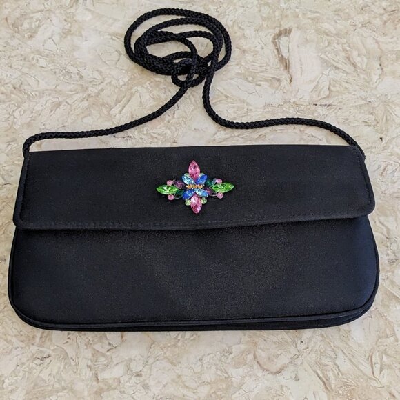 Handbags - Evening Bag, Small Black Bag with Multi Colored Rhinestones